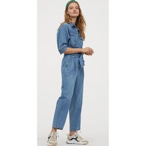 H&M Denim Jumpsuit Belted Long Sleeve Collared Blue Women's Size M